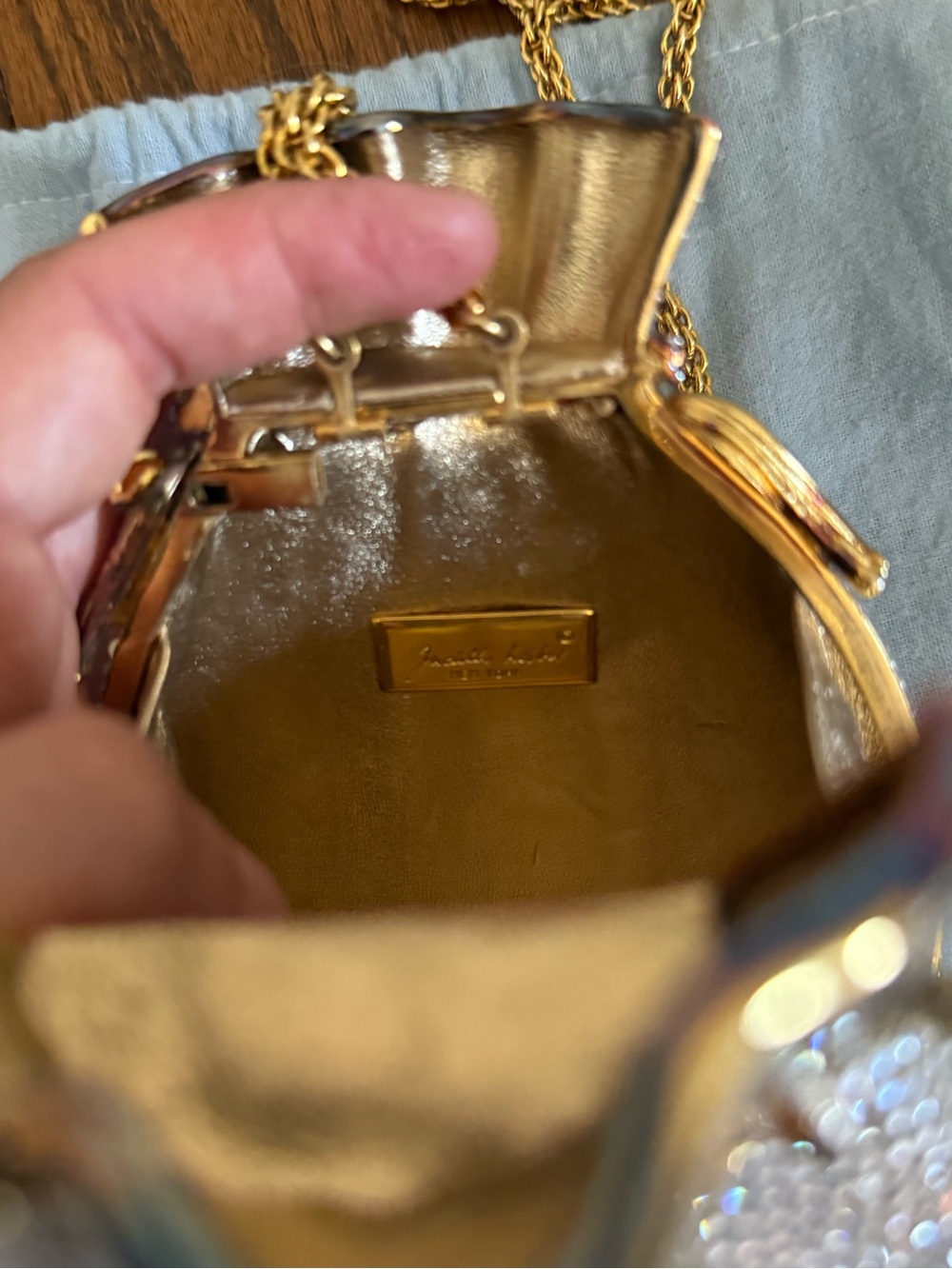 Judith Leiber Silver Crystal Drawstring Minaudière with Gold Chain Strap - Picture 4 of 8